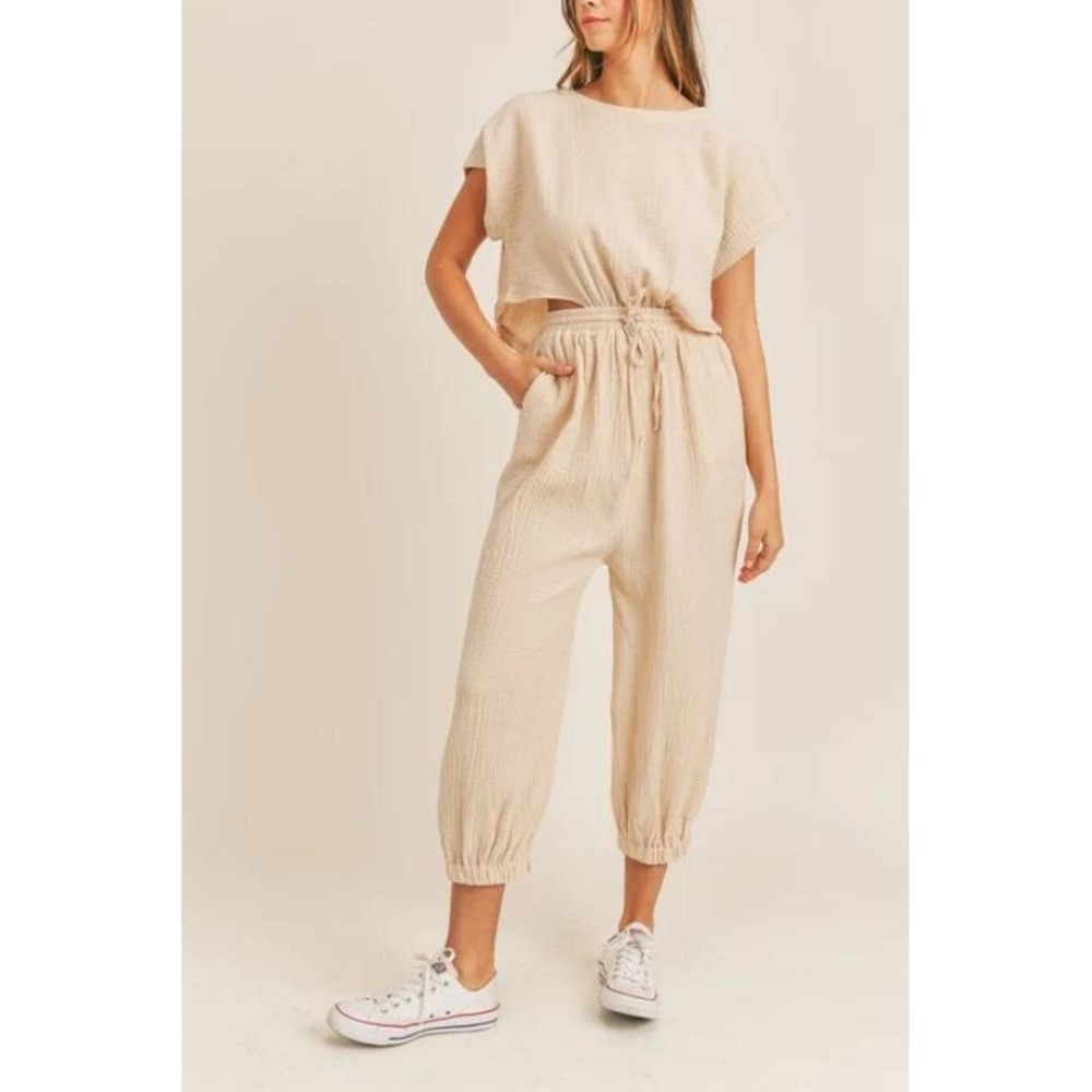 Mable S Wrinkle Gauze Open Back Jogger Jumpsuit Cotton Beige Oatmeal Small